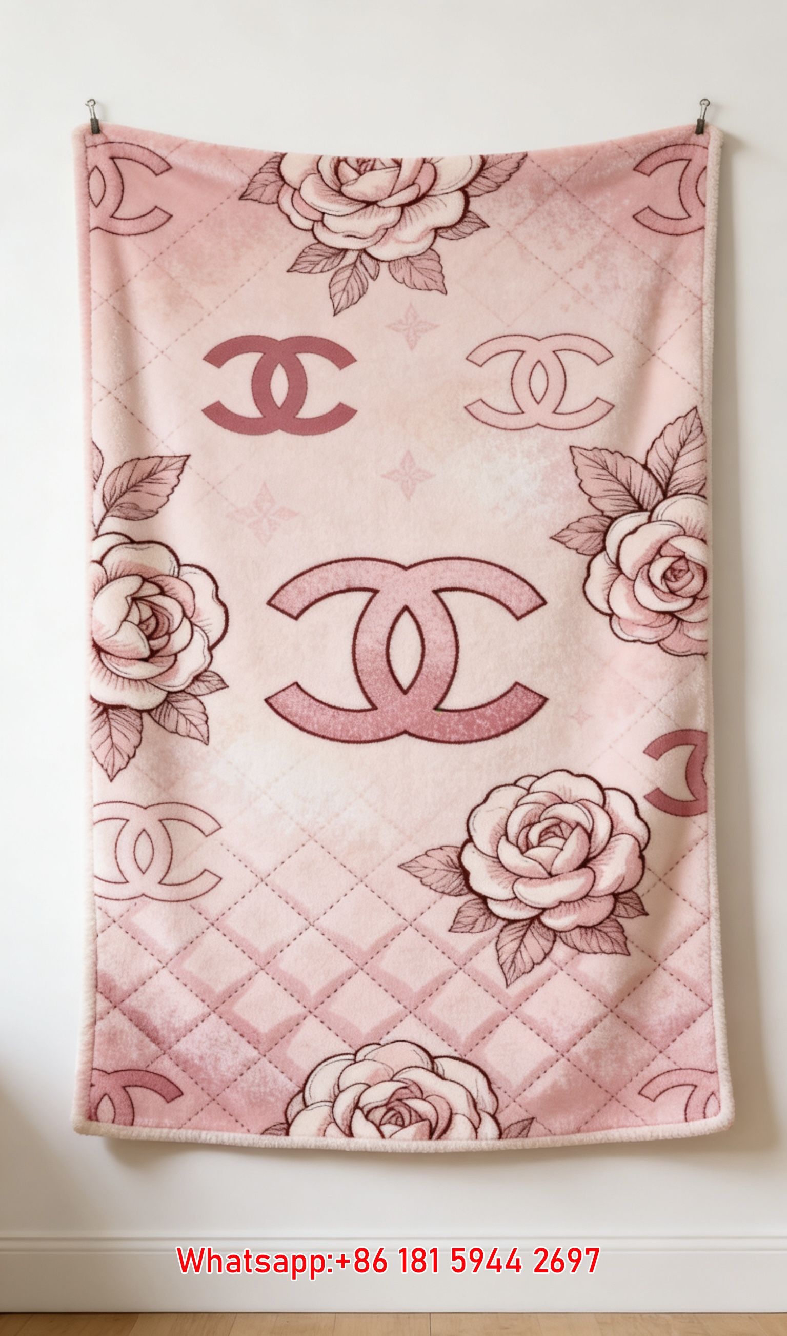 Chanel Pink Quilted Rose CC Logo Flannel Throw Blanket IMG_7090
